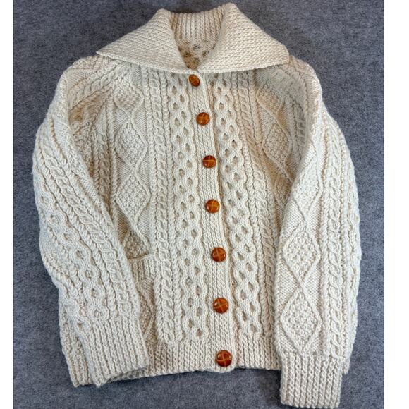 Vintage Sweater Womens Small Beige Cardigan Fisherman Chunky Knit Winter Cozy - Picture 4 of 6